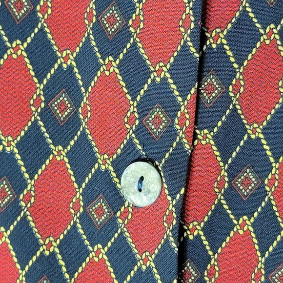 Vintage Cathy Che Blouse 1X Button Front Shoulder Pads Long Sleeve Red Blue Geo - Picture 2 of 10